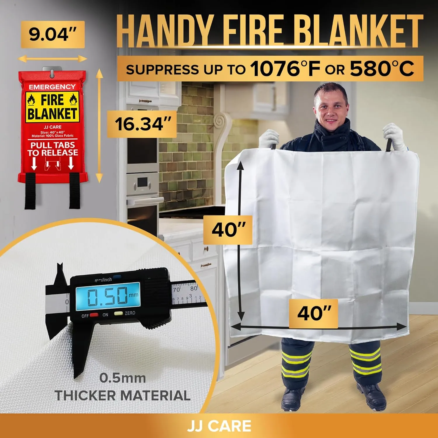 JJ CARE Fire Blanket – 7 Packs with Hooks and Gloves – 40” x 40” Fire Blankets Emergency for Home and Kitchen, High Heat Resistant and Flame Protection for Kitchen, Car, Office, Camping & Home Safety