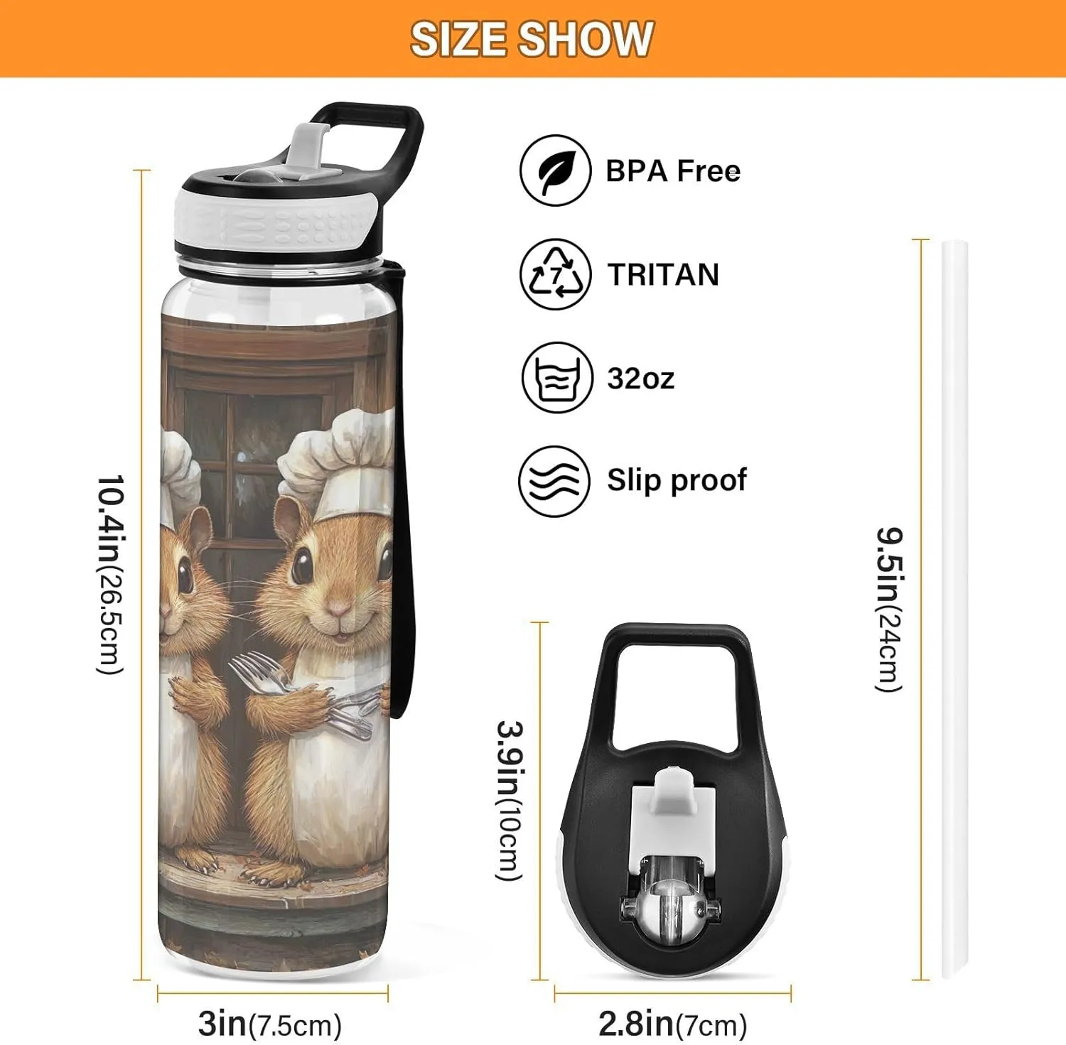 Joisal Cute Chef Chef Sports Water Bottle 32oz Leakproof Plastic Water Bottles for Sports, Cycling, Bike