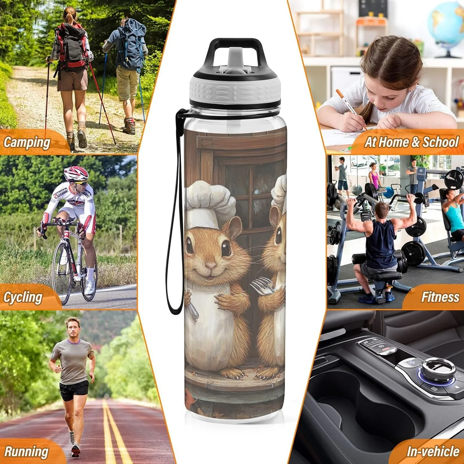 Joisal Cute Chef Chef Sports Water Bottle 32oz Leakproof Plastic Water Bottles for Sports, Cycling, Bike