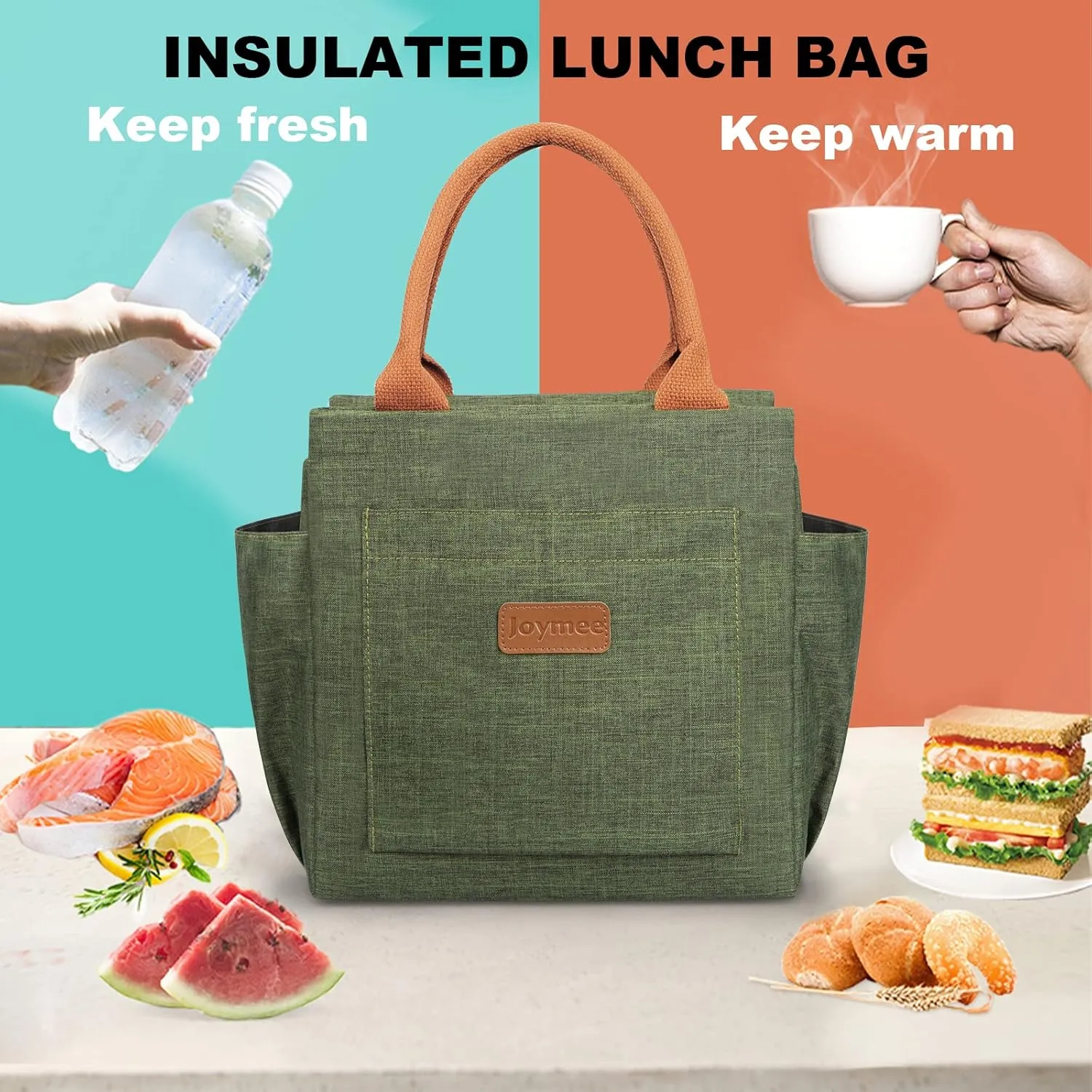Joymee Lunch Bag Women Insulated Lunch Box Reusable Leakproof Large Spacious Cooler Tote for Womens Mens Adults with Bottle Holder and Side Pockets for Work Office Travel Picnic - Green