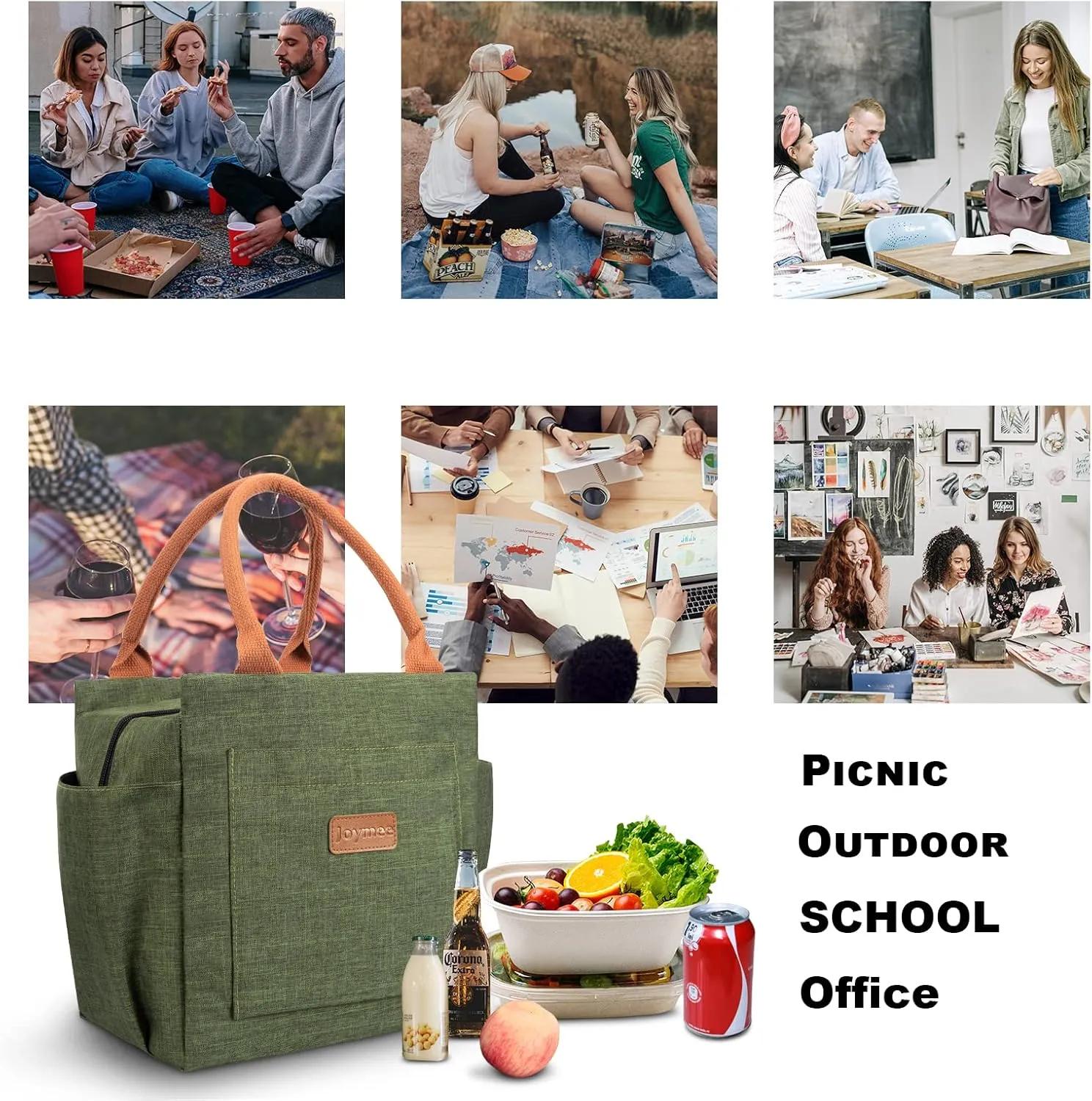 Joymee Lunch Bag Women Insulated Lunch Box Reusable Leakproof Large Spacious Cooler Tote for Womens Mens Adults with Bottle Holder and Side Pockets for Work Office Travel Picnic - Green