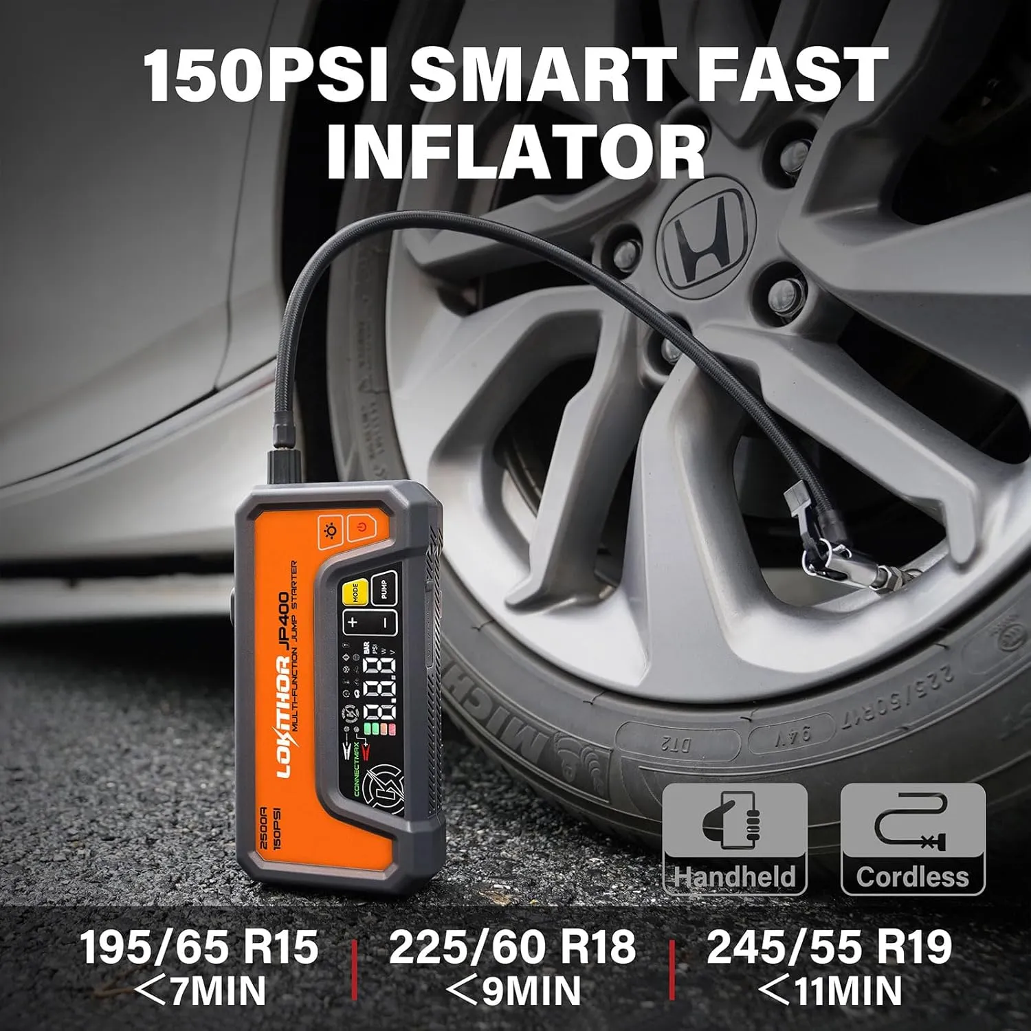 JP400 Jump Starter with Air Compressor, 2500A 12V Portable Car Battery Booster Pack (8.5L Gas/6.5L Diesel) with ConnectMax Tech, 150PSI Tire Inflator, Auto-Shutoff & Dynamic Dwell (Orange)