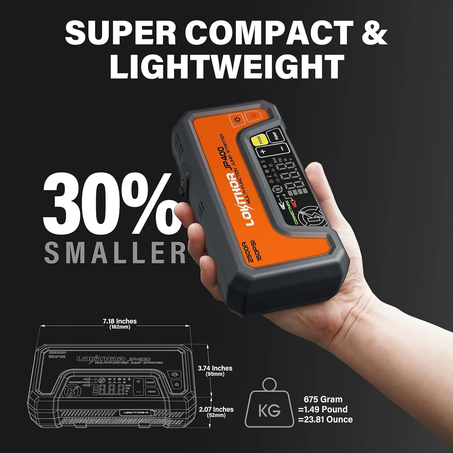 JP400 Jump Starter with Air Compressor, 2500A 12V Portable Car Battery Booster Pack (8.5L Gas/6.5L Diesel) with ConnectMax Tech, 150PSI Tire Inflator, Auto-Shutoff & Dynamic Dwell (Orange)