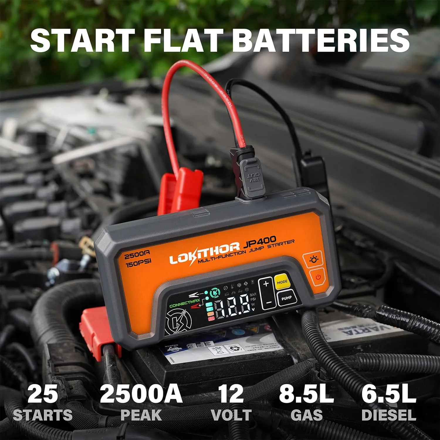 JP400 Jump Starter with Air Compressor, 2500A 12V Portable Car Battery Booster Pack (8.5L Gas/6.5L Diesel) with ConnectMax Tech, 150PSI Tire Inflator, Auto-Shutoff & Dynamic Dwell (Orange)