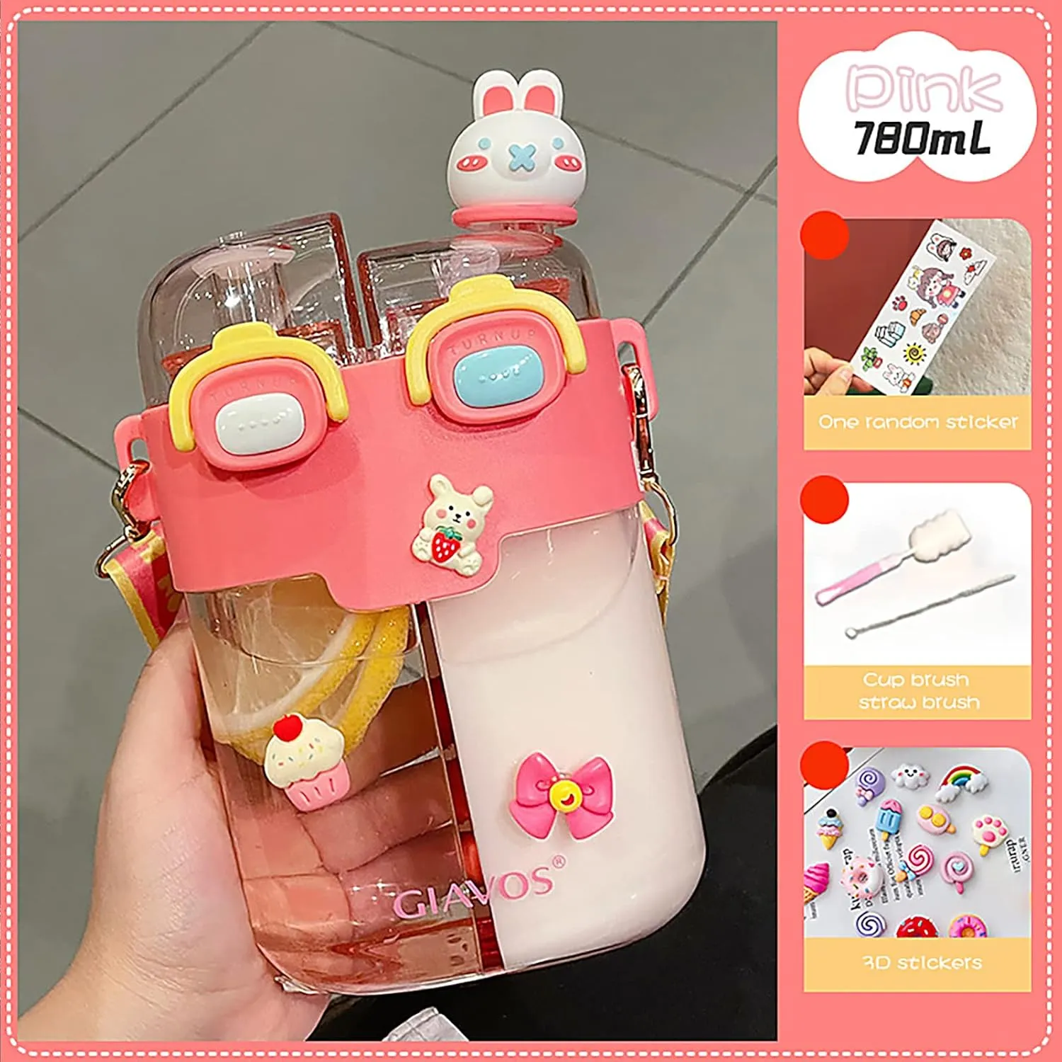 JQWSVE Kawaii Water Bottle - 26oz Cute Water Bottles with Straw and Stickers Double Drinking Water Bottle Portable Leakproof Sports Water Bottle for Outdoor Sports Travel, Pink