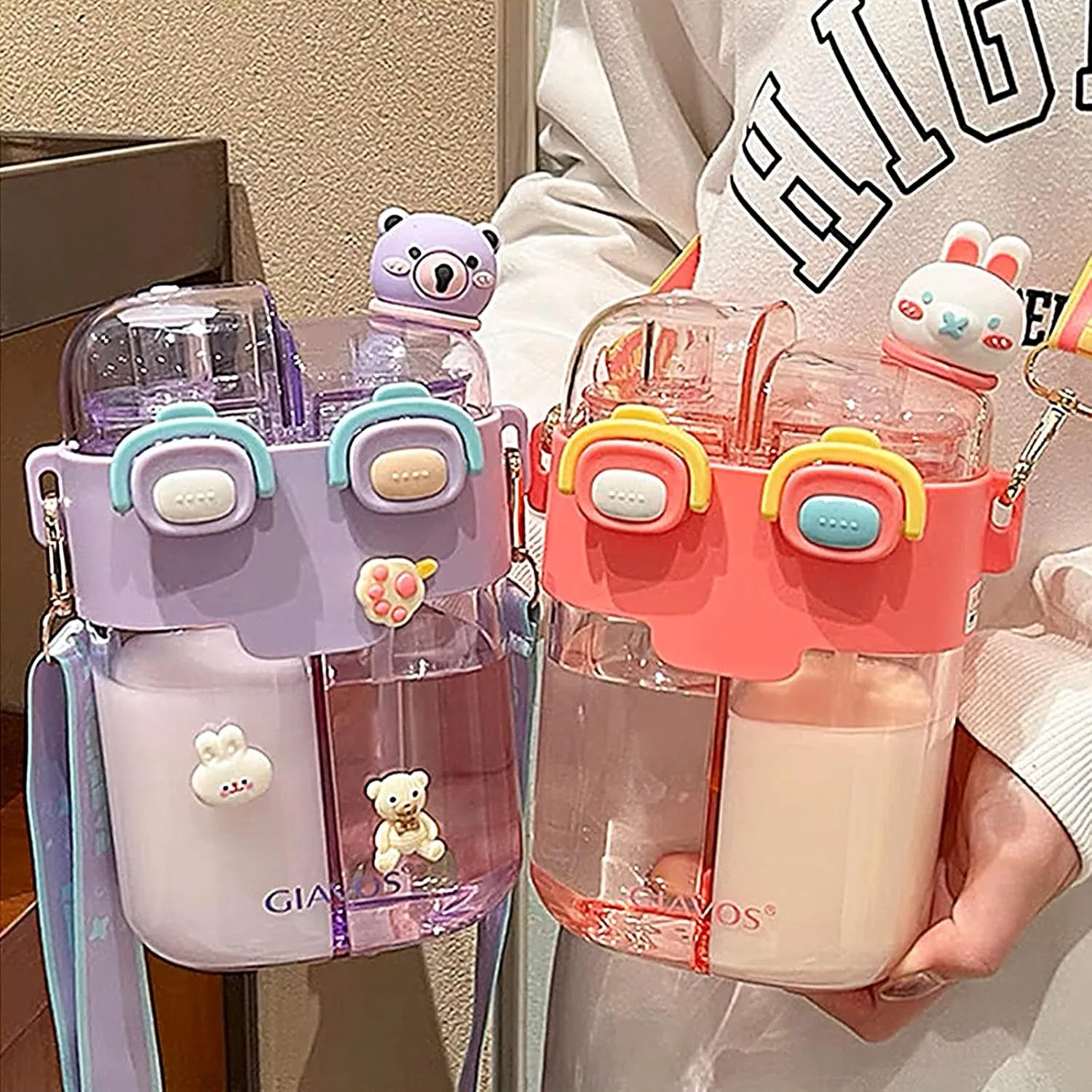 JQWSVE Kawaii Water Bottle - 26oz Cute Water Bottles with Straw and Stickers Double Drinking Water Bottle Portable Leakproof Sports Water Bottle for Outdoor Sports Travel, Pink