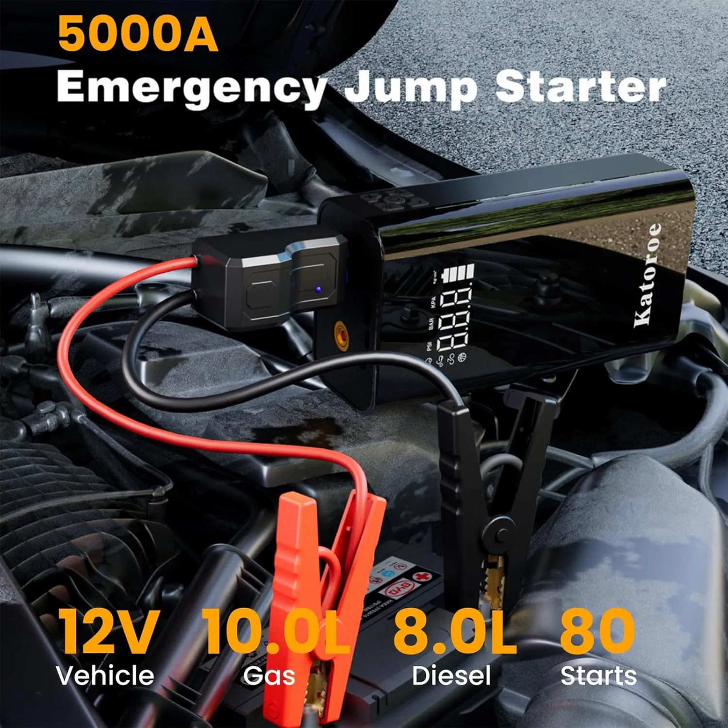 Jump Starter with Air Compressor, Jump Box 5000A Portable Jump Starter (10.0L Gas/8.0L Diesel), 12V Car Battery Jumper Starter with 150PSI Tire Inflator, LED Display, 3 Mode Flashlight
