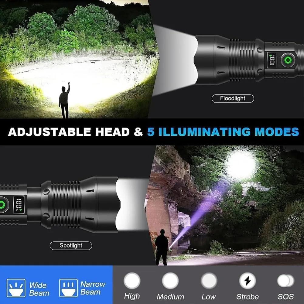 Juyafio Powerful Flashlight 150000 Lumens, Rechargeable LED Super Bright Handheld Flashlight High Lumens, 5 Modes Waterproof Zoomable Torch with LCD Digital Display for Hiking Hunting Camping (1pcs)