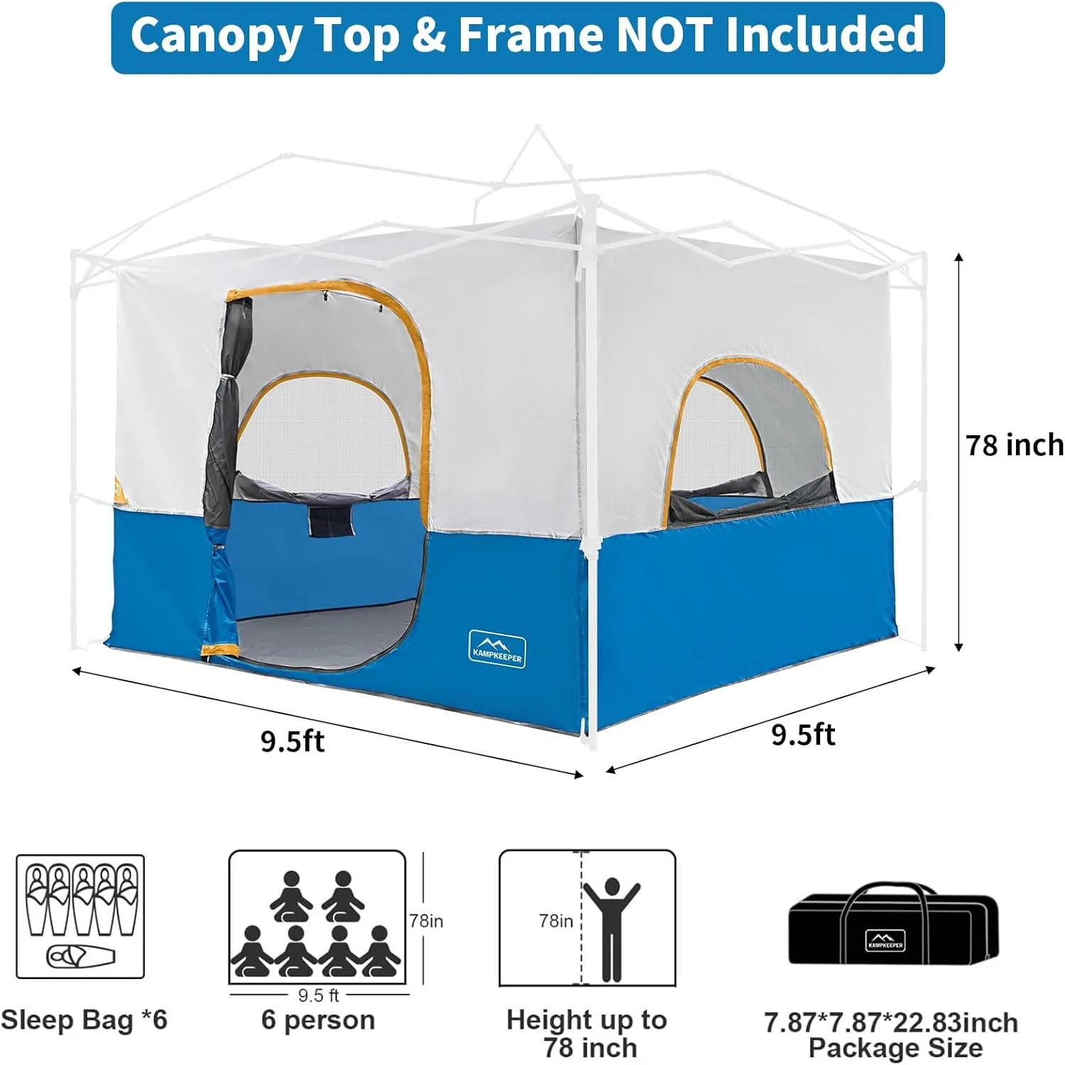 KAMPKEEPER Camping Tent for Pop Up Canopy, Converts 10'x10' Straight Leg Canopy into Camping TentFully Vented Roof, Light Blue