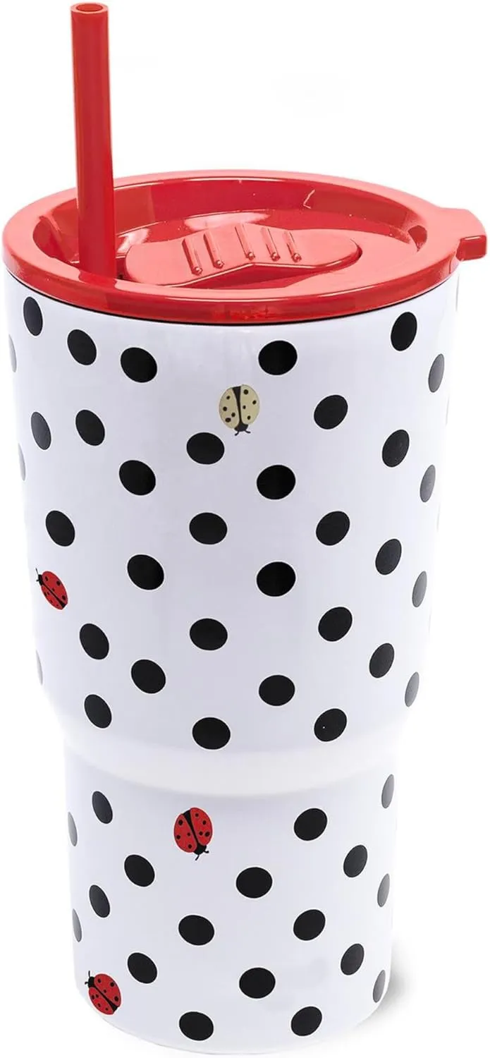 kate spade new york 20 Ounce Insulated Tumbler for Cold and Hot Drinks with Reusable Straw, Stainless Steel Travel Cup with Slide Top Lid, Ladybug Dot