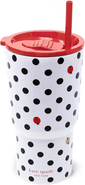 kate spade new york 20 Ounce Insulated Tumbler for Cold and Hot Drinks with Reusable Straw, Stainless Steel Travel Cup with Slide Top Lid, Ladybug Dot
