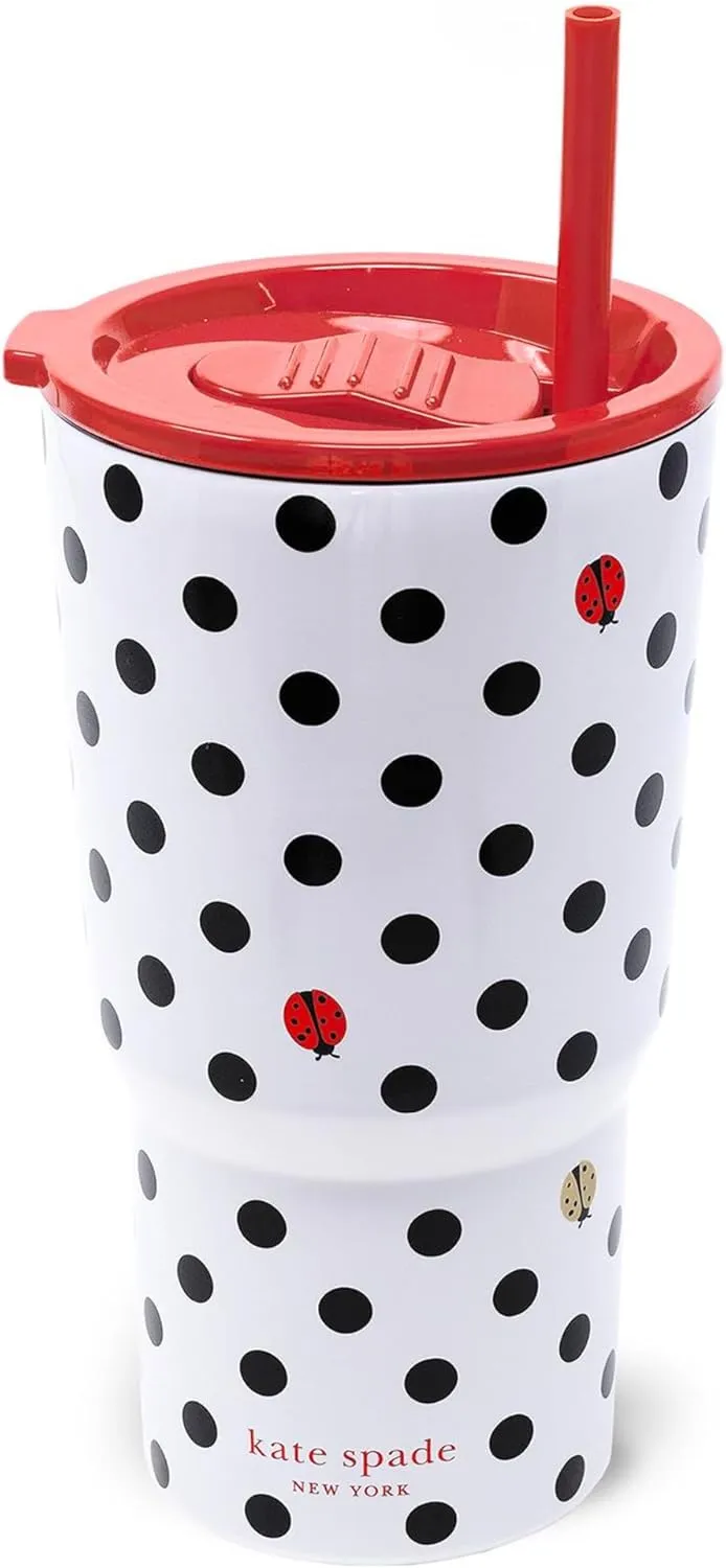 kate spade new york 20 Ounce Insulated Tumbler for Cold and Hot Drinks with Reusable Straw, Stainless Steel Travel Cup with Slide Top Lid, Ladybug Dot