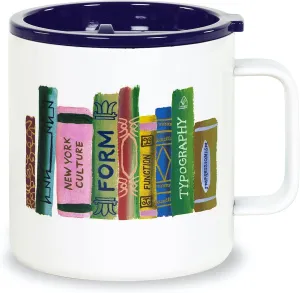 kate spade new york Stainless Steel Insulated Mug with Handle and Lid, 16 Ounce Double Wall Tumbler, Reusable Coffee Travel Mug for Hot and Cold Drinks, Bookshelf