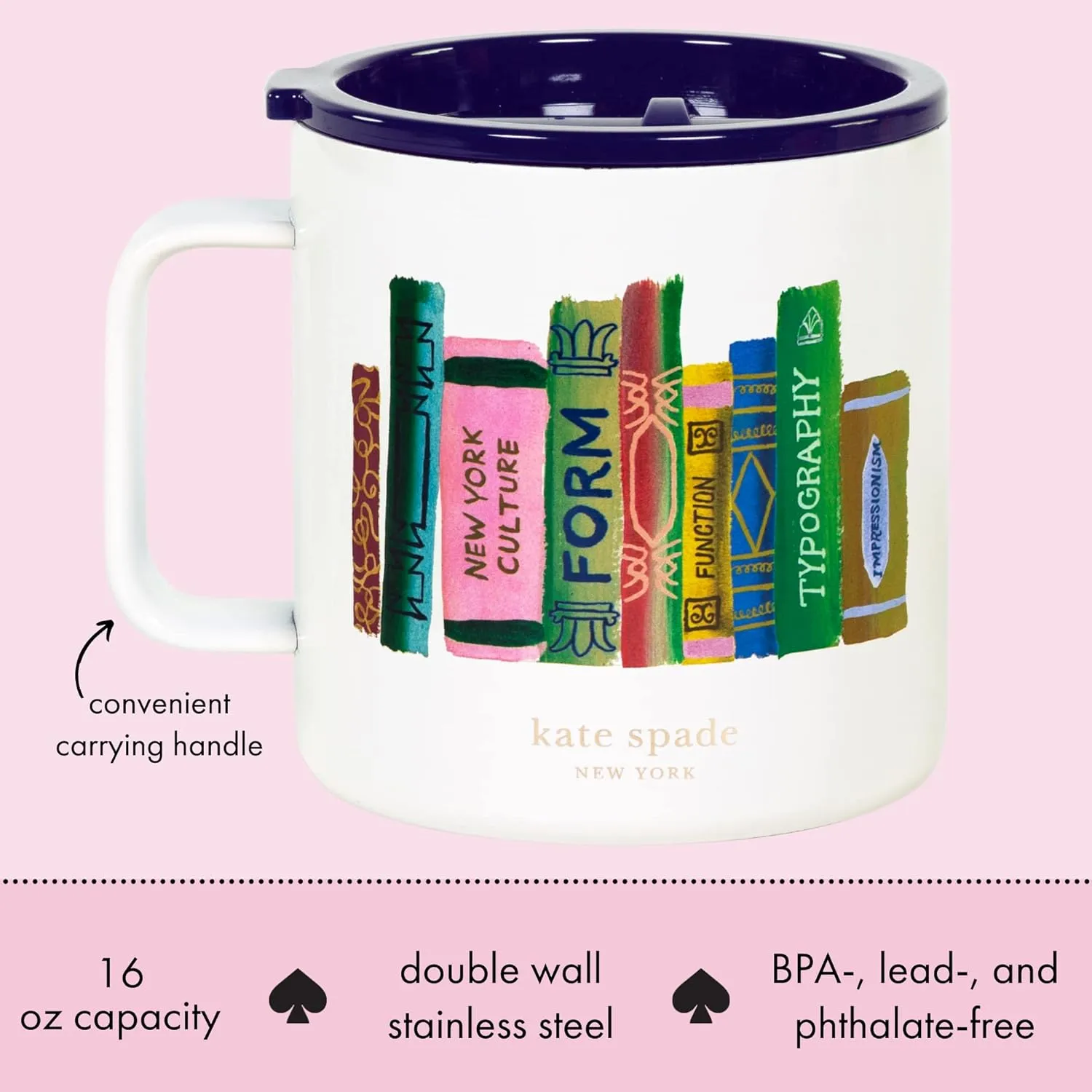 kate spade new york Stainless Steel Insulated Mug with Handle and Lid, 16 Ounce Double Wall Tumbler, Reusable Coffee Travel Mug for Hot and Cold Drinks, Bookshelf