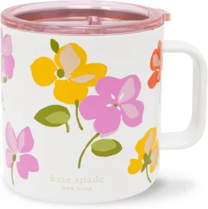 kate spade new york Stainless Steel Insulated Mug with Handle and Lid, 16 Ounce Double Wall Tumbler, Reusable Coffee Travel Mug for Hot and Cold Drinks (Spring Pansies)