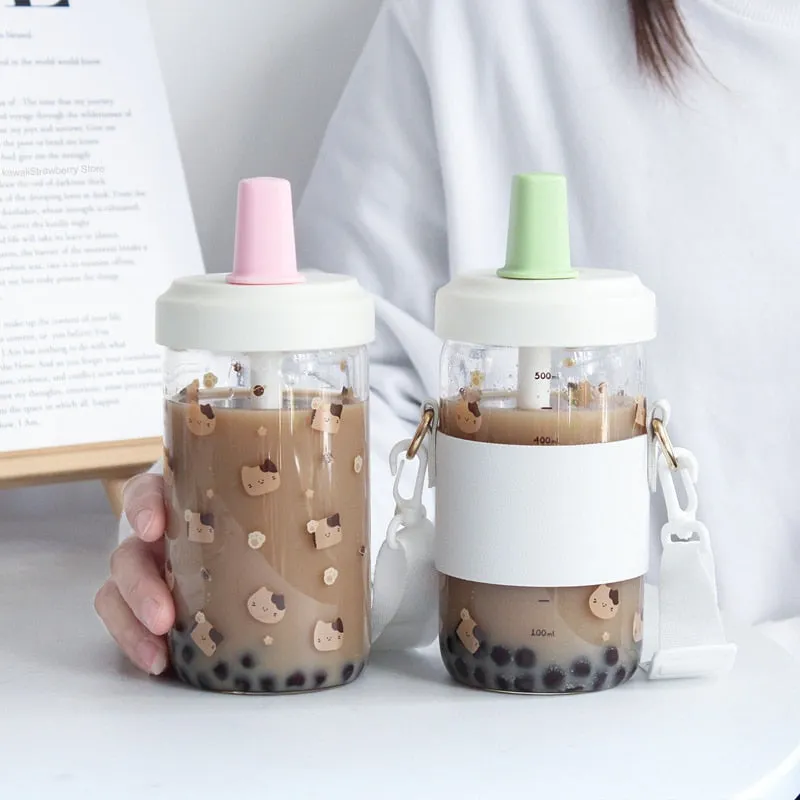 Kawaii Cat Boba Glass Water Bottle