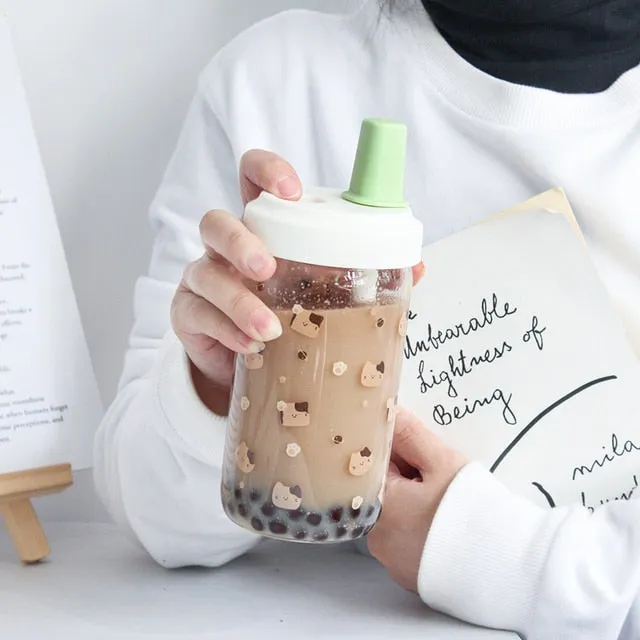 Kawaii Cat Boba Glass Water Bottle