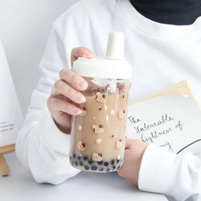 Kawaii Cat Boba Glass Water Bottle