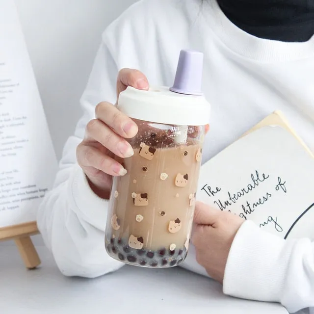 Kawaii Cat Boba Glass Water Bottle