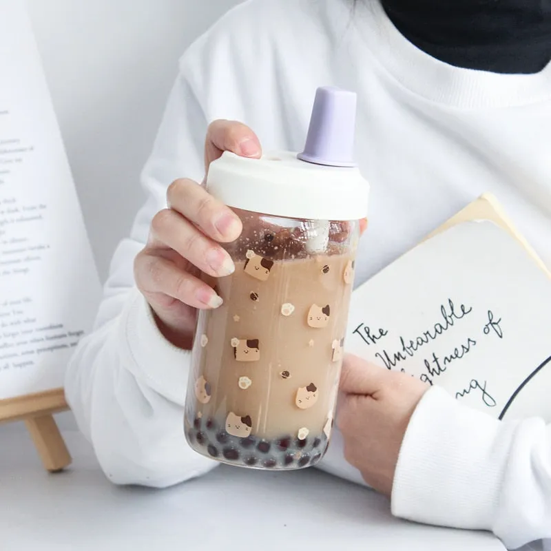 Kawaii Cat Boba Glass Water Bottle