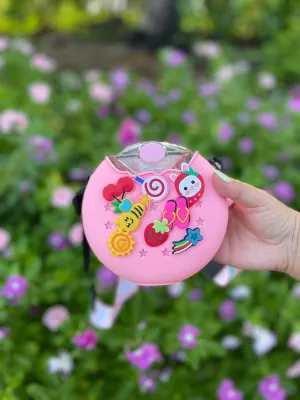 Kawaii Kids School Drinking Water Bottle Children Donut Silicone and Plastic Water Bottle, Leak Proof Sports Cup with Straw, Drink Bottle with Strap for Outdoor and School Ages 6  (Pink)
