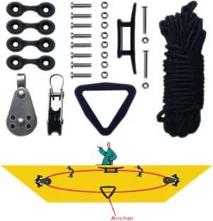 Kayak Canoe Anchor Trolley Kit System Pulley Cleat Pad Eye Ring Ropes
