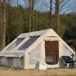 KEIKI 9.8x13ft Inflatable Camping Tent with Hand Pump, 4-Season Oxford Cabin Tent for 7-8 People, Mesh Windows & Chimney, Easy Setup, Waterproof & Windproof