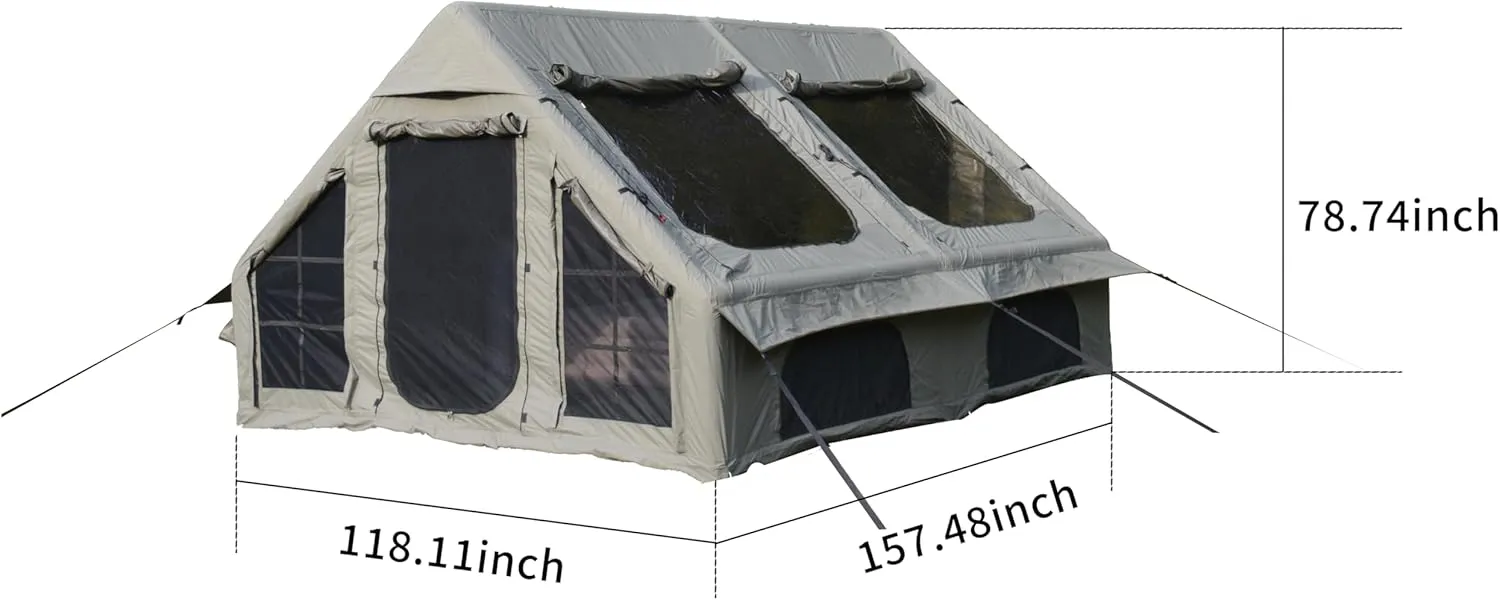 KEIKI 9.8x13ft Inflatable Camping Tent with Hand Pump, 4-Season Oxford Cabin Tent for 7-8 People, Mesh Windows & Chimney, Easy Setup, Waterproof & Windproof