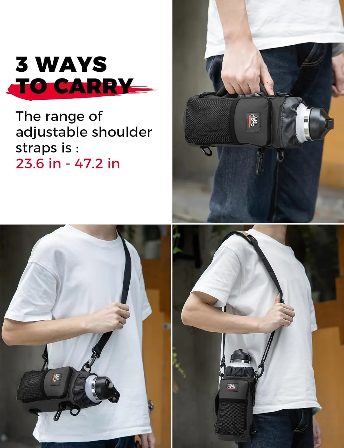 KEMIMOTO Water Bottle Holder Bag, Water Bottle Carrier with Adjustable Shoulder Strap, Water Bottle Pouch Holder for Hiking, Camping, Fishing, Compatible with YETI Stanley SLM 32 oz, 40 oz, 64 oz