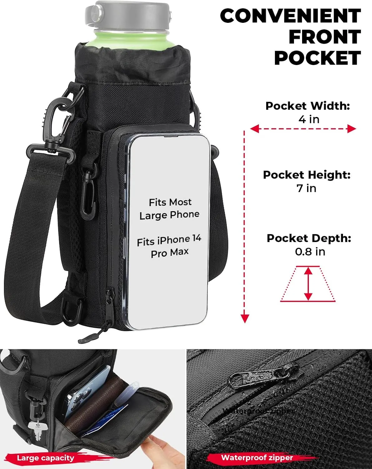KEMIMOTO Water Bottle Holder Bag, Water Bottle Carrier with Adjustable Shoulder Strap, Water Bottle Pouch Holder for Hiking, Camping, Fishing, Compatible with YETI Stanley SLM 32 oz, 40 oz, 64 oz