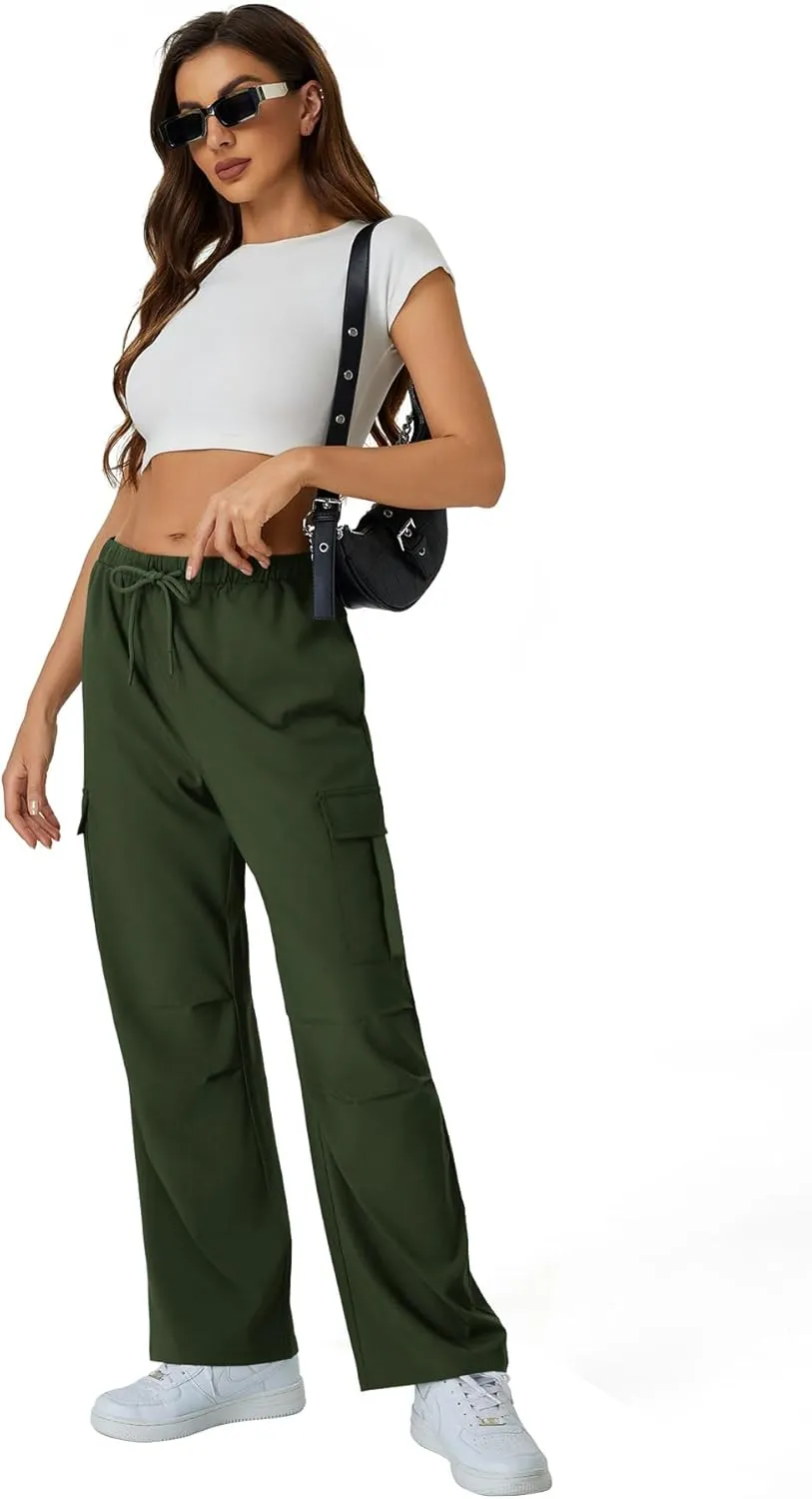 keriffe Women's Cargo Pants Quick Dry Lightweight Water-Resistant Hiking Pants Elastic High Waisted Drawstring 4 Pockets