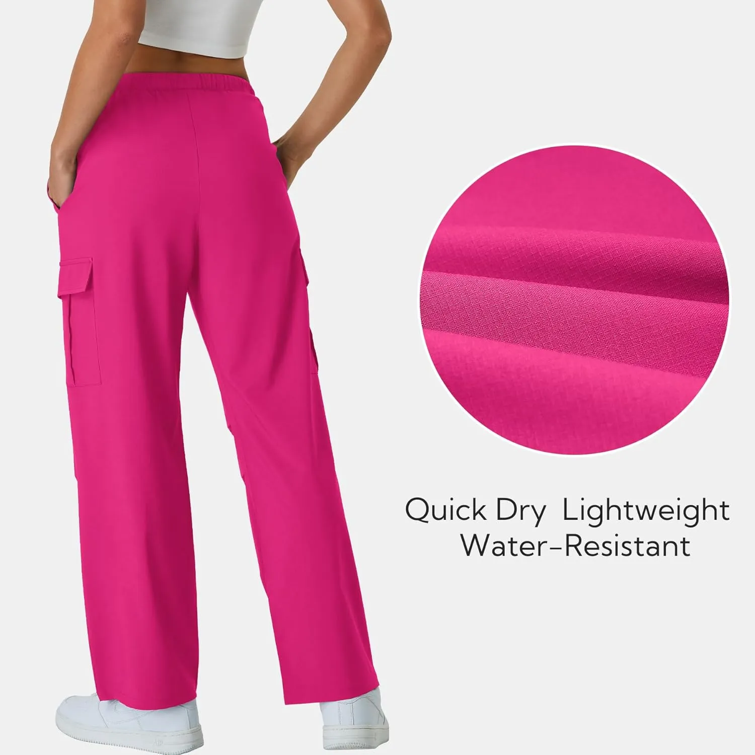 keriffe Women's Cargo Pants Quick Dry Lightweight Water-Resistant Hiking Pants Elastic High Waisted Drawstring 4 Pockets