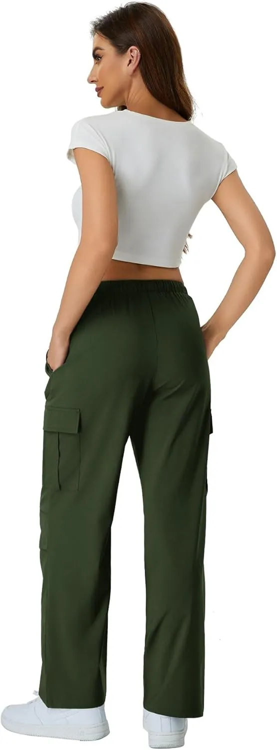 keriffe Women's Cargo Pants Quick Dry Lightweight Water-Resistant Hiking Pants Elastic High Waisted Drawstring 4 Pockets