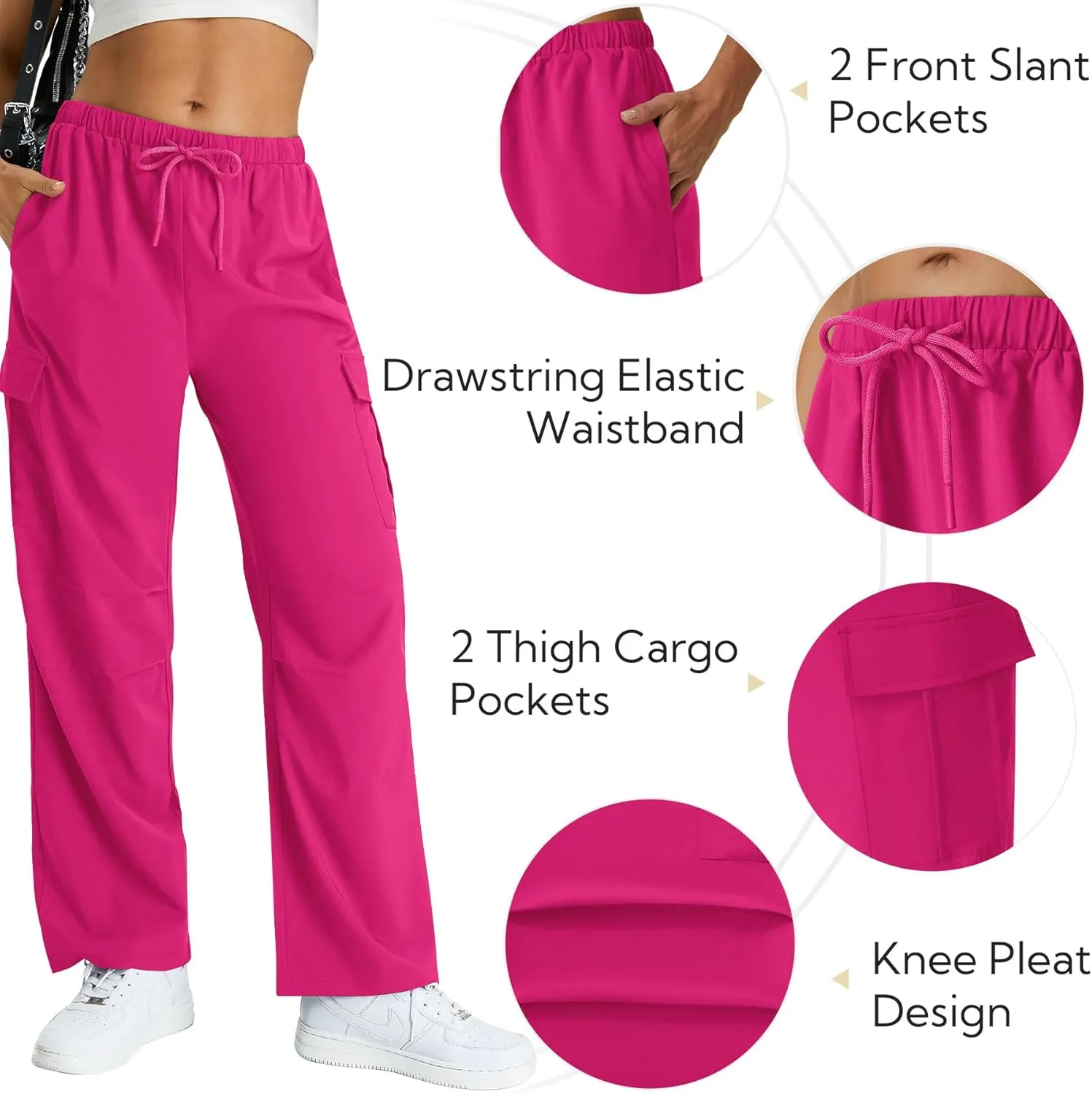 keriffe Women's Cargo Pants Quick Dry Lightweight Water-Resistant Hiking Pants Elastic High Waisted Drawstring 4 Pockets