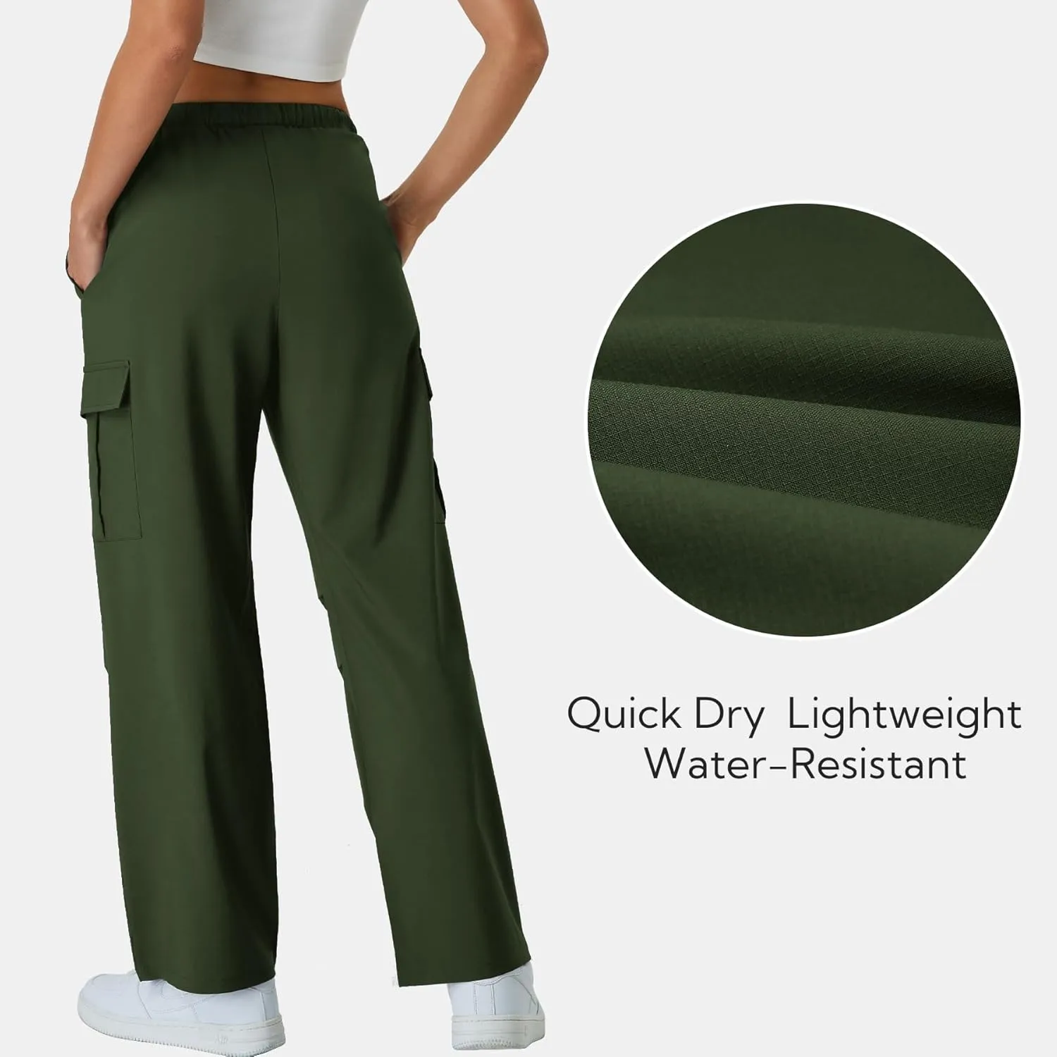 keriffe Women's Cargo Pants Quick Dry Lightweight Water-Resistant Hiking Pants Elastic High Waisted Drawstring 4 Pockets