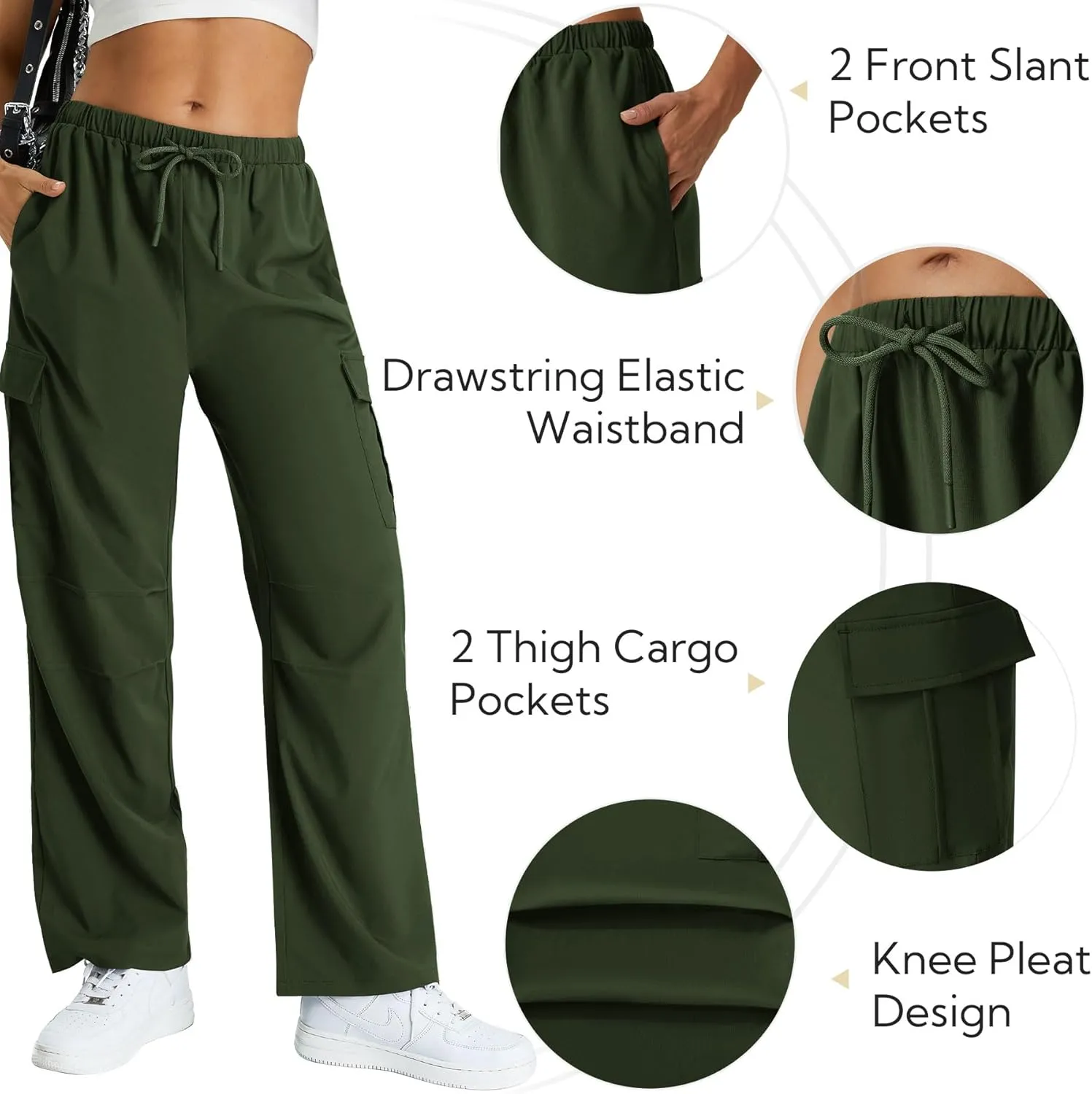 keriffe Women's Cargo Pants Quick Dry Lightweight Water-Resistant Hiking Pants Elastic High Waisted Drawstring 4 Pockets