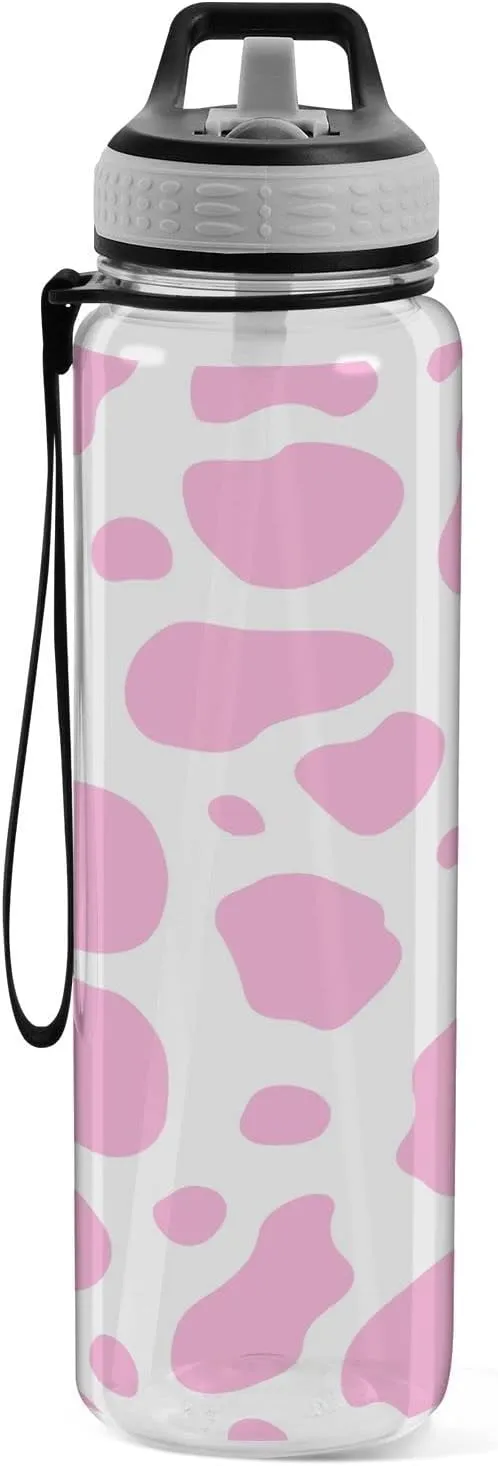 Kigai Pink Cow Print Water Bottles 32oz - with Straw Lid Leakproof Water Bottle, BPA Free Wide Mouth Water Bottle for Fitness Outdoor Sports Travel