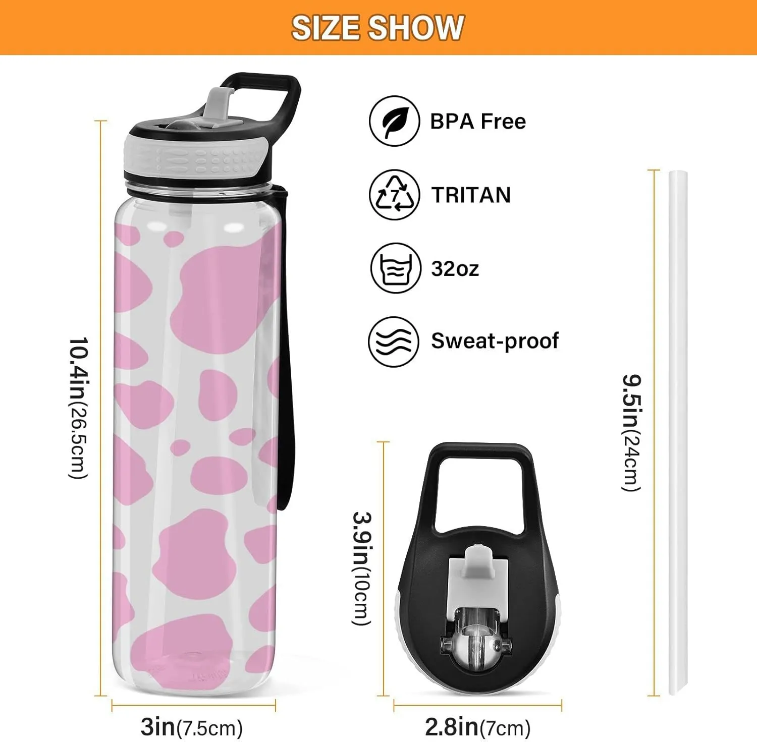Kigai Pink Cow Print Water Bottles 32oz - with Straw Lid Leakproof Water Bottle, BPA Free Wide Mouth Water Bottle for Fitness Outdoor Sports Travel