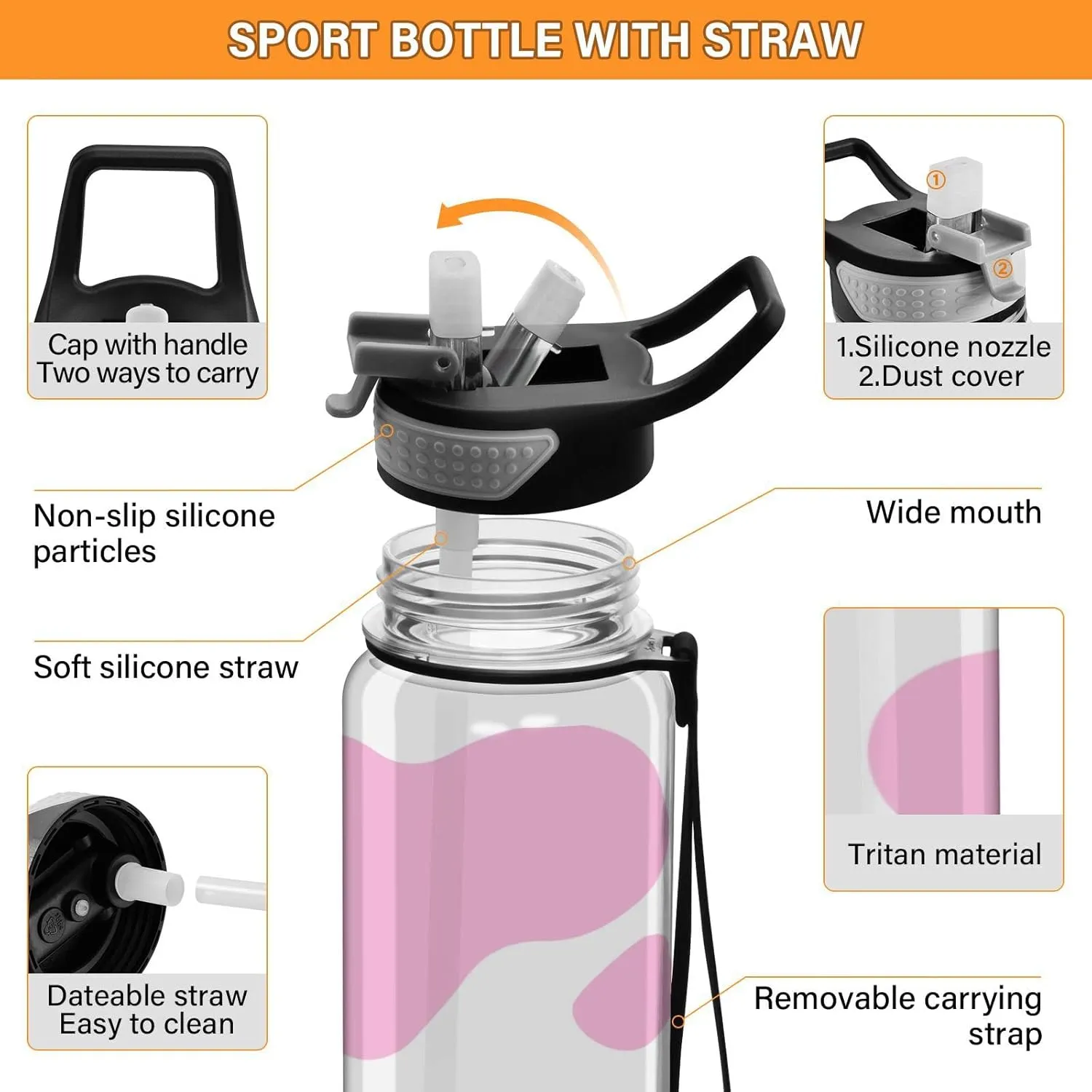 Kigai Pink Cow Print Water Bottles 32oz - with Straw Lid Leakproof Water Bottle, BPA Free Wide Mouth Water Bottle for Fitness Outdoor Sports Travel