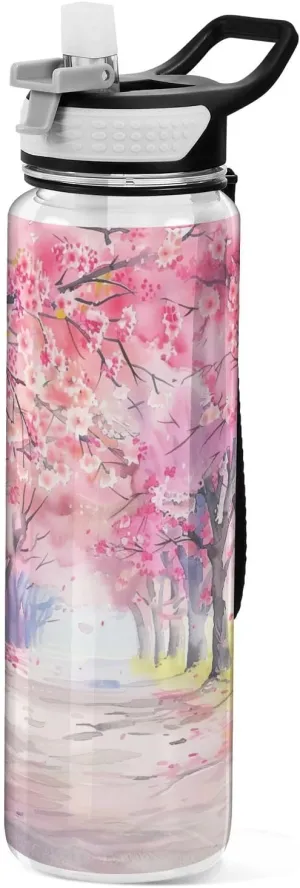 Kigai Transparent Sports Water Bottle 32oz, Cherry Blossom Trees Leakproof Wide Mouth Water Bottle with Straw, BPA Free Water Jug with Detachable Strap & Handle for Fitness Gym Outdoor