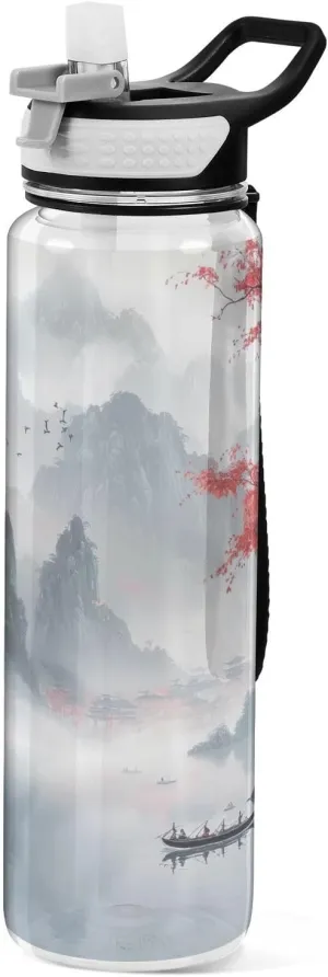 Kigai Transparent Sports Water Bottle 32oz, Chinese Landscape Leakproof Wide Mouth Water Bottle with Straw, BPA Free Water Jug with Detachable Strap & Handle for Fitness Gym Outdoor