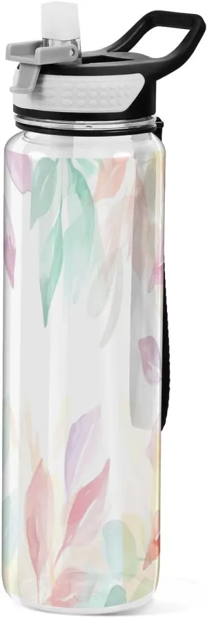 Kigai Transparent Sports Water Bottle 32oz, Colored Leaves Leakproof Wide Mouth Water Bottle with Straw, BPA Free Water Jug with Detachable Strap & Handle for Fitness Gym Outdoor