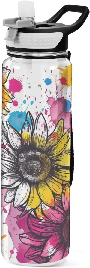 Kigai Transparent Sports Water Bottle 32oz, Colorful Splash Sunflower Leakproof Wide Mouth Water Bottle with Straw, BPA Free Water Jug with Detachable Strap & Handle for Fitness Gym Outdoor