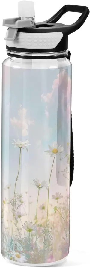 Kigai Transparent Sports Water Bottle 32oz, Daisy Flower Leakproof Wide Mouth Water Bottle with Straw, BPA Free Water Jug with Detachable Strap & Handle for Fitness Gym Outdoor