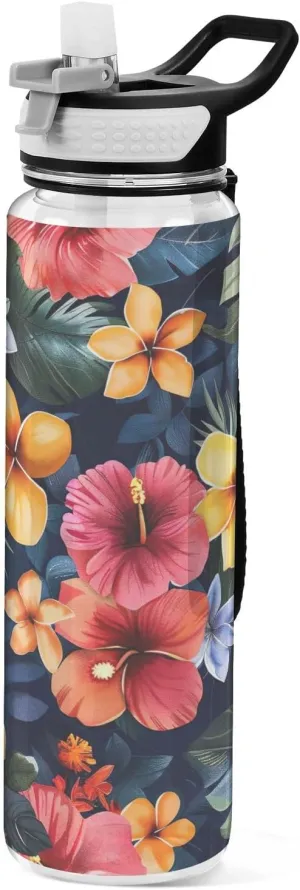 Kigai Transparent Sports Water Bottle 32oz, Floral Hawaiian Leakproof Wide Mouth Water Bottle with Straw, BPA Free Water Jug with Detachable Strap & Handle for Fitness Gym Outdoor