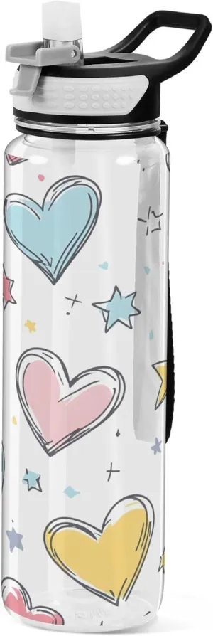 Kigai Transparent Sports Water Bottle 32oz, Hand Drawn Hearts Leakproof Wide Mouth Water Bottle with Straw, BPA Free Water Jug with Detachable Strap & Handle for Fitness Gym Outdoor