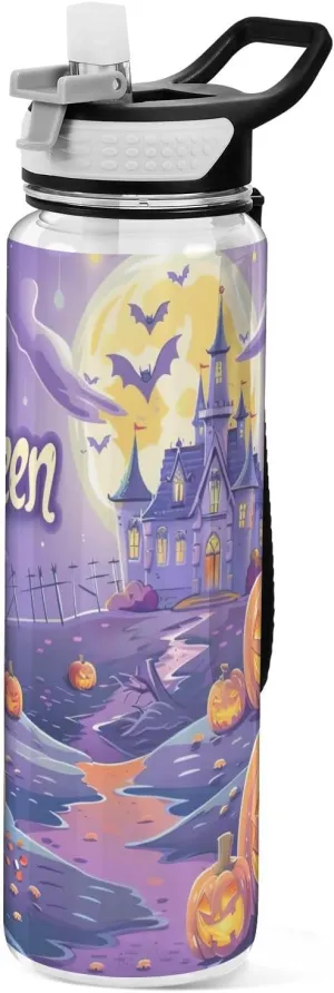 Kigai Transparent Sports Water Bottle 32oz, Happy Halloween Leakproof Wide Mouth Water Bottle with Straw, BPA Free Water Jug with Detachable Strap & Handle for Fitness Gym Outdoor