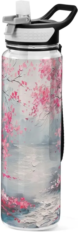 Kigai Transparent Sports Water Bottle 32oz, Landscape Leakproof Wide Mouth Water Bottle with Straw, BPA Free Water Jug with Detachable Strap & Handle for Fitness Gym Outdoor