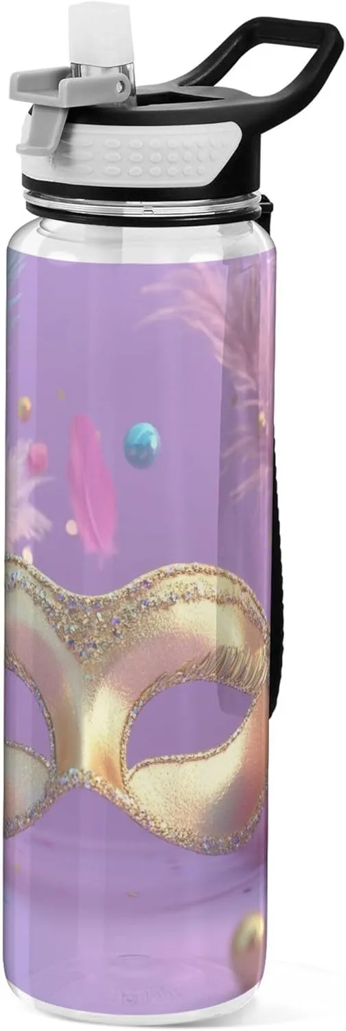 Kigai Transparent Sports Water Bottle 32oz, Mardi Gras Mask Leakproof Wide Mouth Water Bottle with Straw, BPA Free Water Jug with Detachable Strap & Handle for Fitness Gym Outdoor