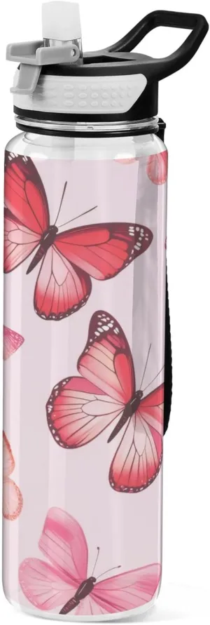Kigai Transparent Sports Water Bottle 32oz, Pink Butterflies Leakproof Wide Mouth Water Bottle with Straw, BPA Free Water Jug with Detachable Strap & Handle for Fitness Gym Outdoor